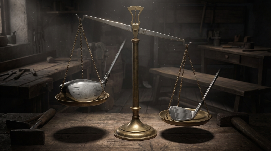 薄暗い工房の木製作業台に置かれた天秤には、左の皿にゴルフドライバー、右の皿にゴルフアイアンが載せられ、ドライバー側が低く傾いています。