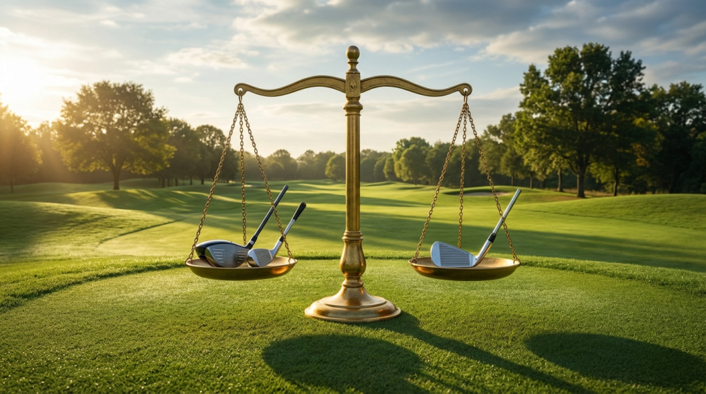 ゴルフコースの緑の芝生の上に、左右の皿にゴルフクラブが乗った金色の天秤が立っています。