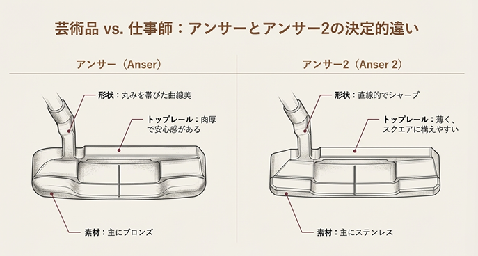 初代アンサーとアンサー2のヘッド形状とトップレールの違いを比較したイラスト