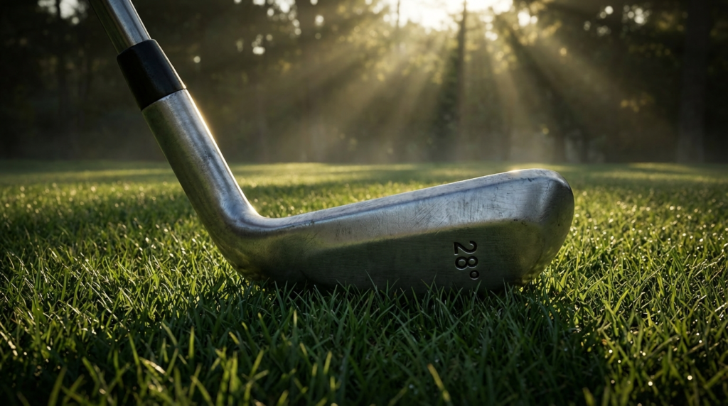 木漏れ日が降り注ぐゴルフコースの芝生に、ロフト角28度のアイアンクラブが置かれている。