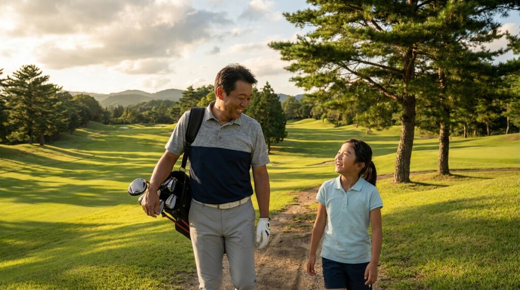 ゴルフコースを、ゴルフクラブを担いだアジア人男性と少女が、笑顔で見つめ合いながら歩いています。