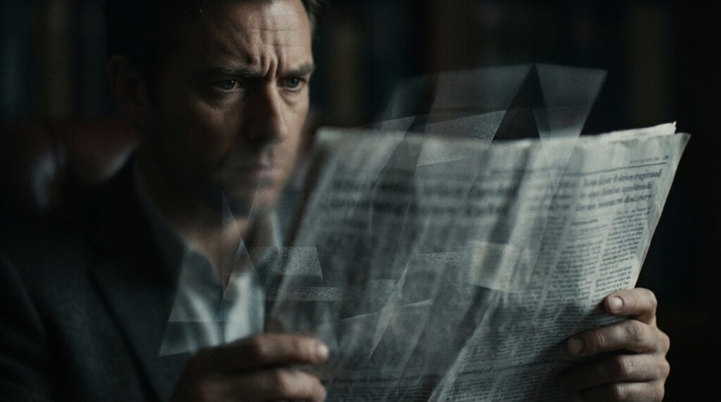 眉間にしわを寄せ、集中した表情で新聞を読む男性の手前に、半透明の幾何学的な図形が重なって見える画像。