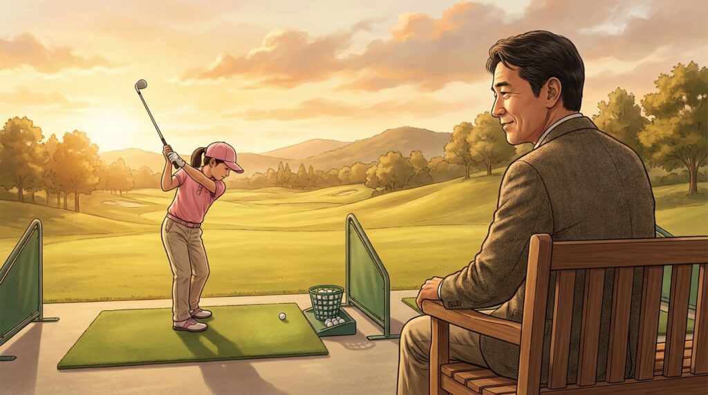 夕焼けのゴルフ練習場で、少女がゴルフスイングをしており、ベンチに座った大人の男性がその様子を優しく見守っています。