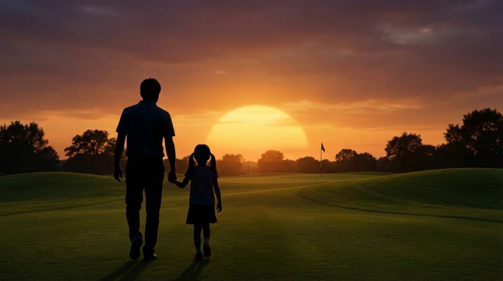 夕焼けのゴルフコースを、手をつないで歩く父と娘のシルエット。