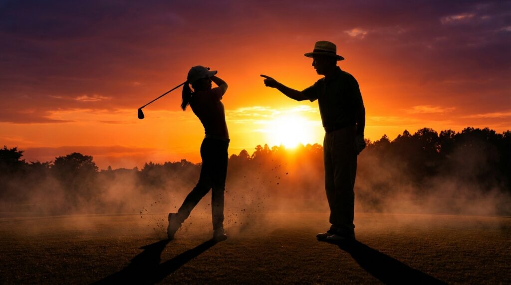 夕焼け空と霧の中、女性ゴルファーがスイングし、男性インストラクターが指導しているシルエットの風景。