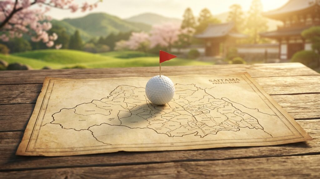 木製のテーブルに置かれた埼玉県が描かれた古地図の上にゴルフボールと赤い旗が立ち、背景には桜の木と日本の建物がある。