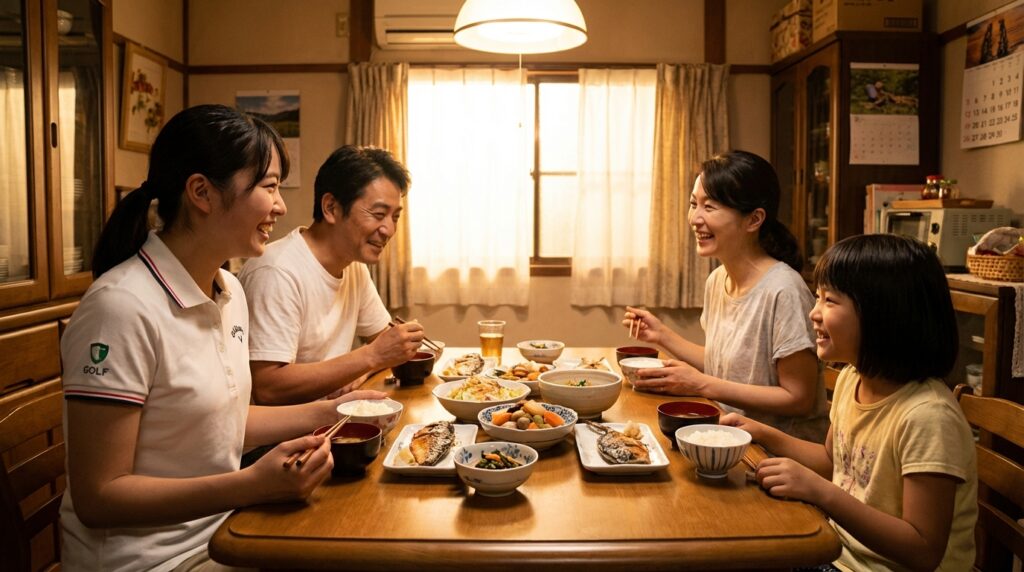 笑顔の家族4人が和食の並んだ食卓を囲み、楽しそうに食事をしている様子。