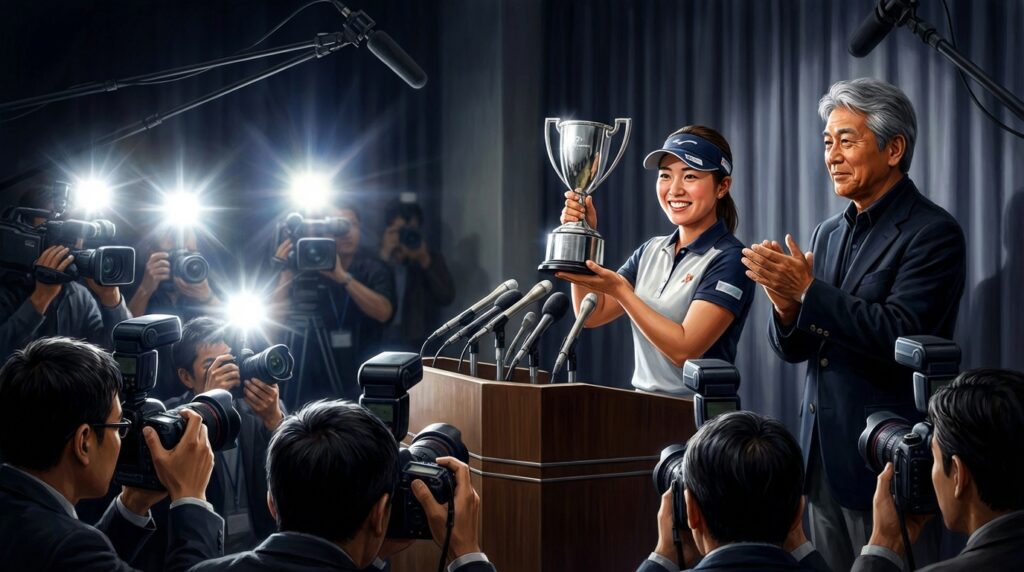 記者会見の壇上で優勝トロフィーを掲げる女性と拍手する男性が、多くのカメラマンのフラッシュを浴びている様子。