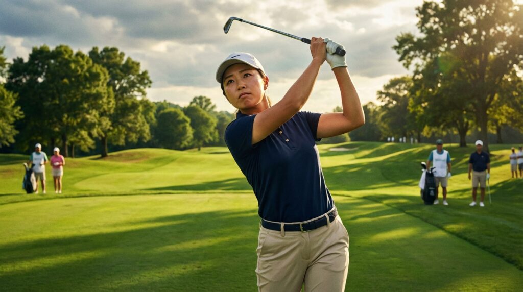 緑豊かなゴルフコースで、力強くゴルフスイングをしている女性ゴルファー。