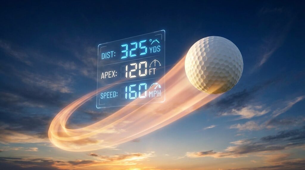 空を背景に、スピード感のある軌跡を描きながら飛ぶゴルフボールと、飛距離、最高到達点、速度を示すデジタル表示が重なっている。