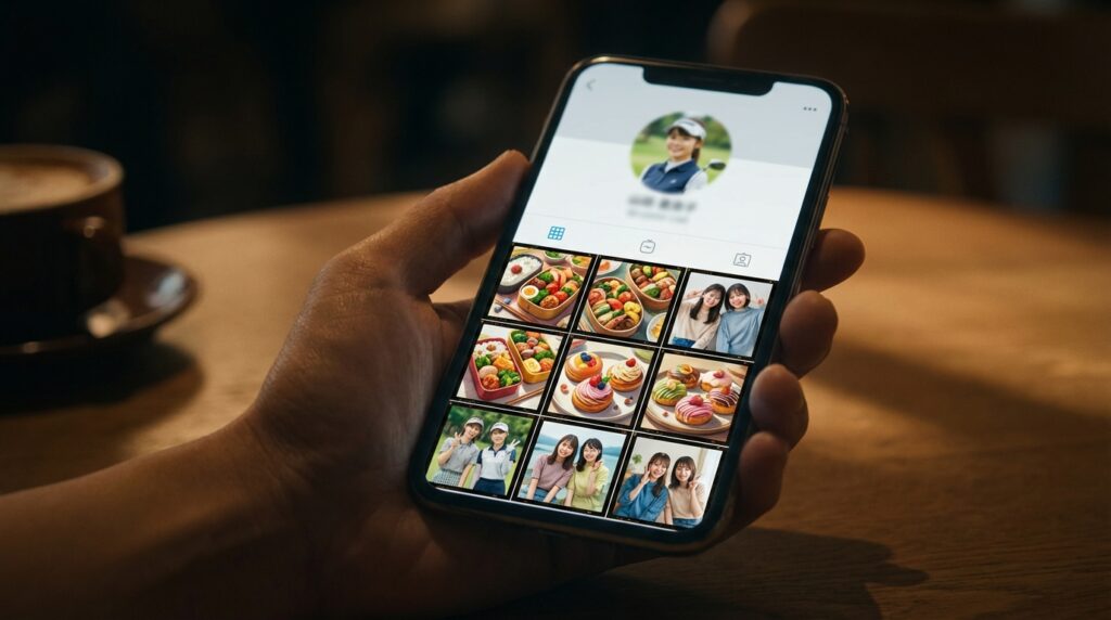 お弁当やスイーツ、女性たちの写真が並んだSNSのプロフィール画面が映るスマートフォンを手に持っている様子。