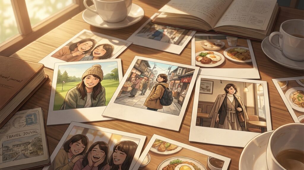 温かい光が当たる木のテーブルに、旅行の思い出が写された複数のインスタント写真、トラベルジャーナル、コーヒーカップが散りばめられています。