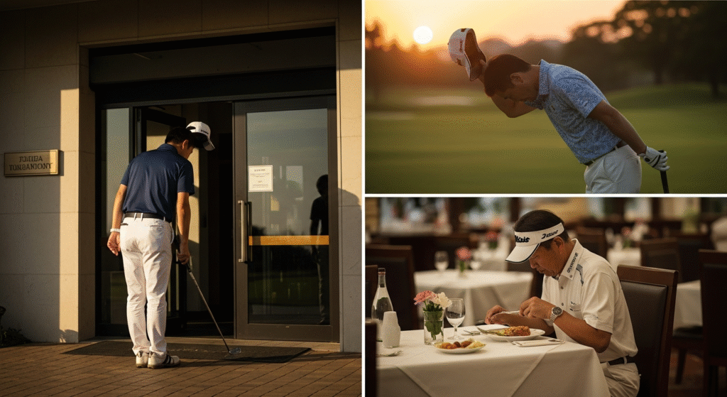 疲れた様子のゴルファーがクラブハウスの入り口に立ち、夕焼けのゴルフコースで落胆した様子を見せ、その後レストランで食事をする一連のシーンを捉えた3枚の画像です。