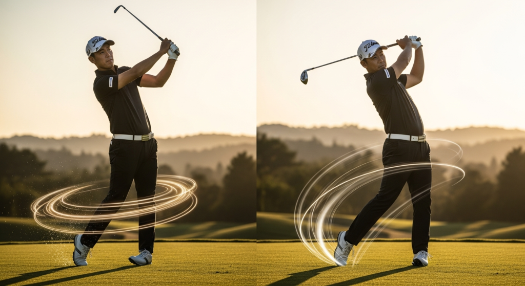 夕暮れのゴルフコースで、男性ゴルファーがバックスイングとフォロースルーを行う瞬間が、光る軌跡の視覚効果とともに描かれた2枚の画像。