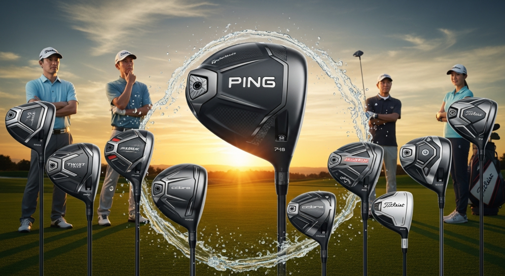夕焼けのゴルフコースで、複数のゴルファーが立ち、中央のPINGドライバーを中心に水しぶきが飛び散る中で、様々なブランドのゴルフドライバーが前景に並んでいる様子。