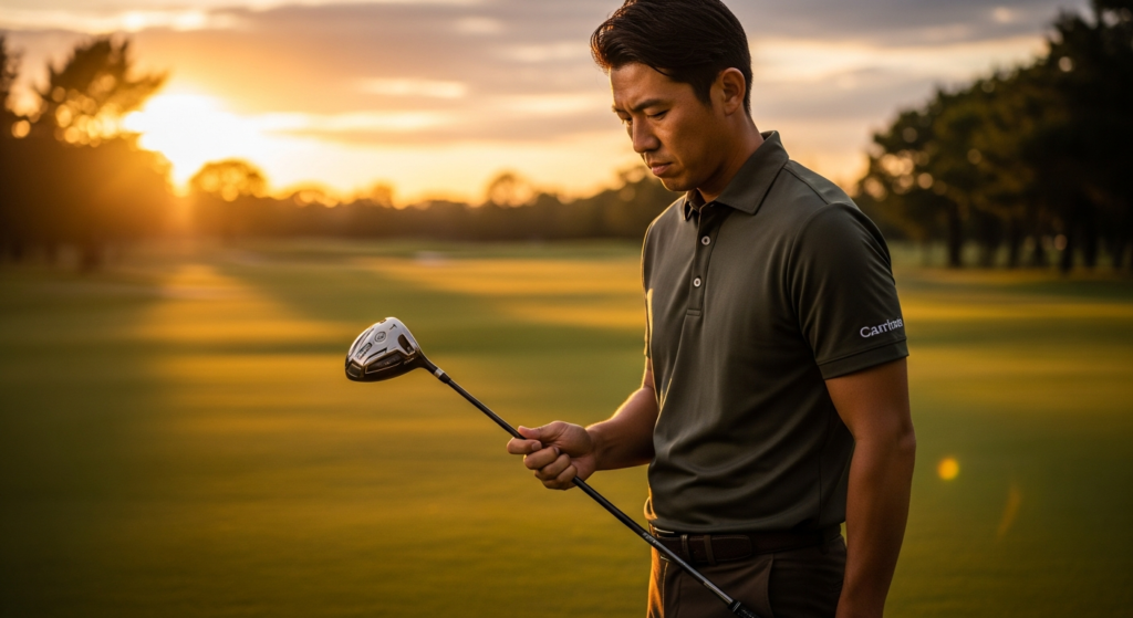 夕日を浴びるゴルフ場で、男性がドライバーを手に持ち、静かに見つめています。