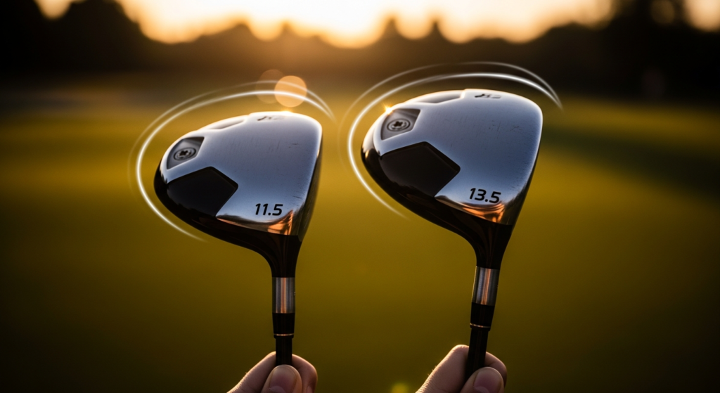 夕焼けのゴルフコースを背景に、ロフト角11.5と13.5の2本のゴルフドライバーが、輝く光の軌跡とともに示されています。
