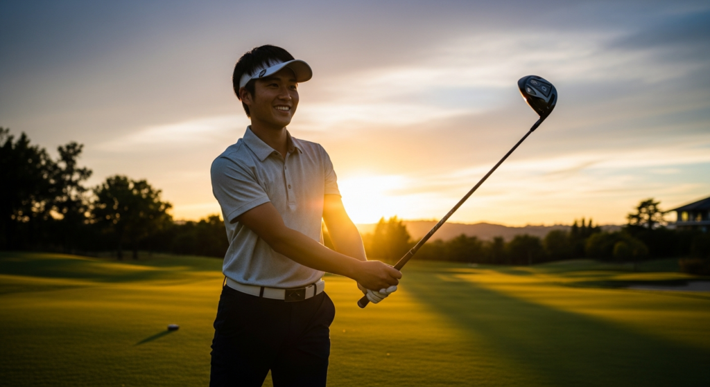 夕焼けのゴルフコースで、笑顔の男性ゴルファーがドライバーを構えている。