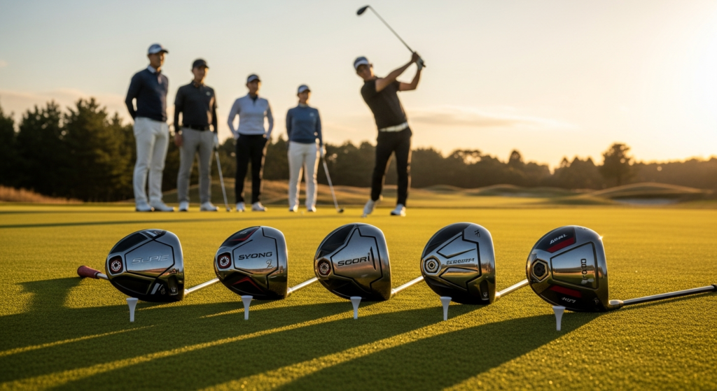 夕焼けを背景にしたゴルフ場で、手前に5本のゴルフドライバーが並び、奥には数人のゴルファーが立っています。