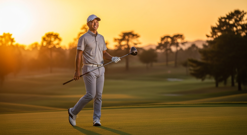 夕焼けに染まるゴルフ場で、ドライバーを手に笑顔で立つ男性ゴルファー。