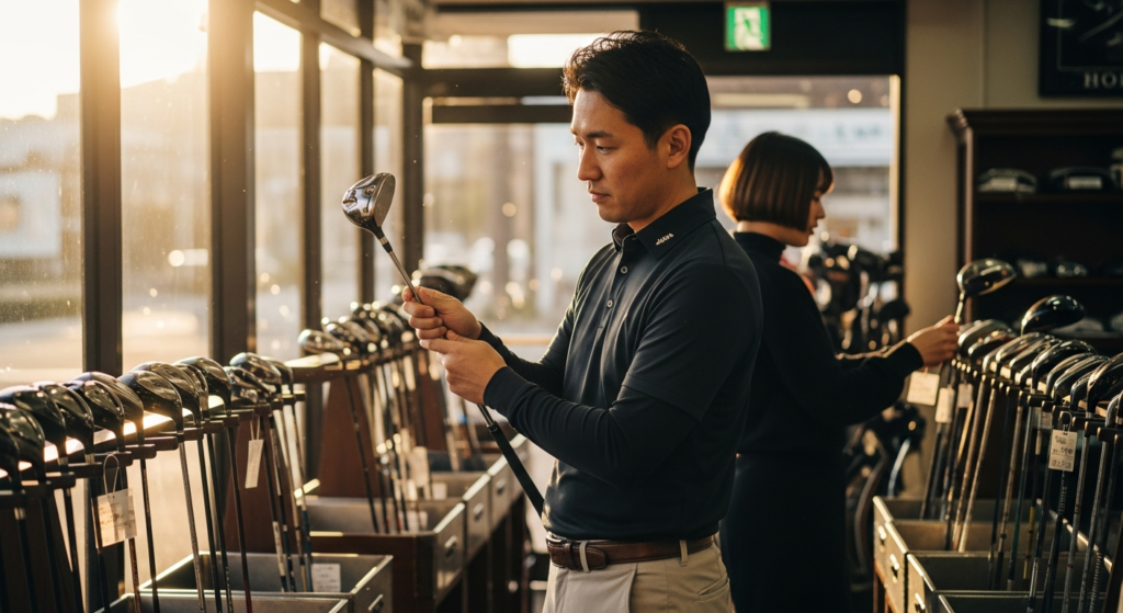 夕日が差し込むゴルフショップで、男性が手に取ったゴルフクラブをじっくりと見ており、奥では別の女性もゴルフクラブを見ている。