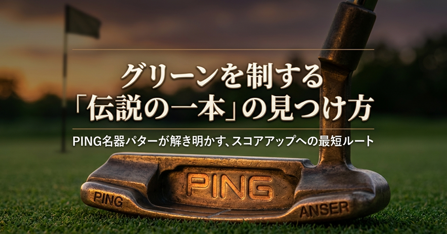 夕暮れのゴルフコースにあるPING ANSERパターと「伝説の一本」というタイトル