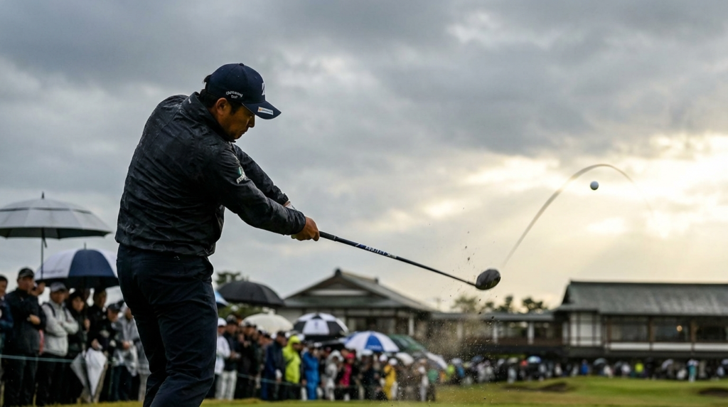 ゴルフ場で、ゴルファーが打ち放ったゴルフボールが、白い軌跡を描きながら空中に飛んでいる。