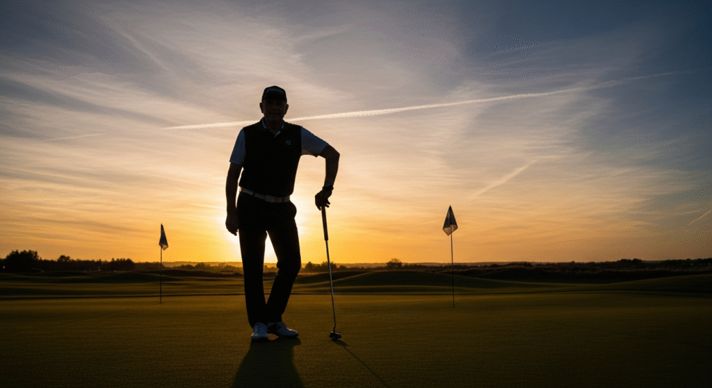 男性ゴルファーが、ゴルフコースのグリーン上でパターに寄りかかり、夕焼け空を背景にシルエットで立っており、2本の旗竿が見えます。