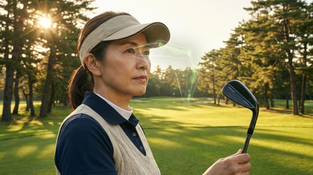 夕日のゴルフコースでゴルフクラブを持ち、拡張現実（AR）でコースのレイアウトを見ている女性ゴルファー。