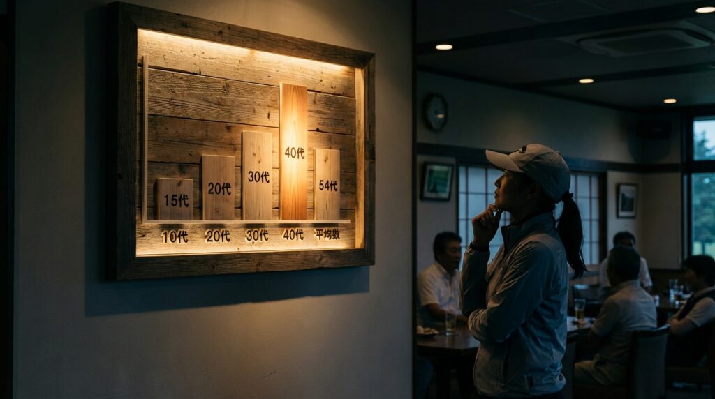 年代別データを示す木製のディスプレイを、キャップを被った女性が顎に手を当てて見上げている。