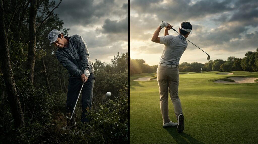 木々の中で苦戦するゴルファーと、夕日の美しいゴルフコースでスイングを終えたゴルファーが対比的に描かれた画像。