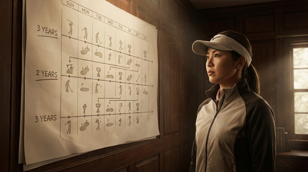 ゴルフウェア姿の女性が、数年間のゴルフ練習と目標が描かれた壁の大きな計画表を真剣に見つめている。