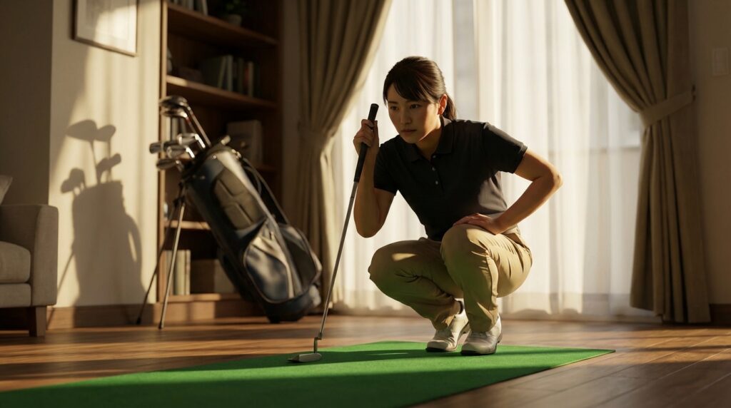 日差しが差し込む部屋で、女性がしゃがんでパターを構え、ゴルフのパッティング練習をしている。