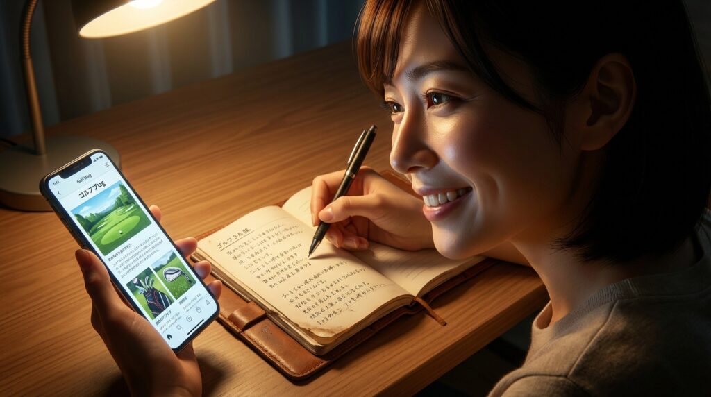 笑顔の女性が、机の上のランプの光の下で、ゴルフアプリが表示されたスマートフォンを見ながらノートに書き込んでいます。