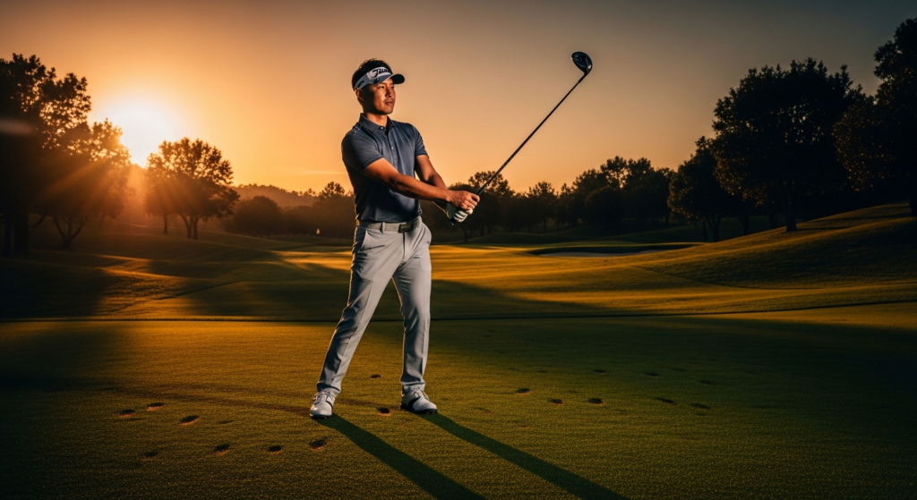 夕日が差し込むゴルフコースで、ゴルフクラブをスイングするポーズをとる男性ゴルファー。