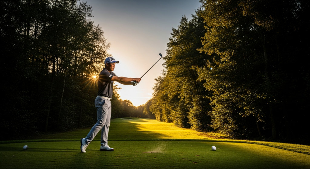 夕日に照らされたゴルフコースで、ボールを打った直後の男性ゴルファーが写っています。