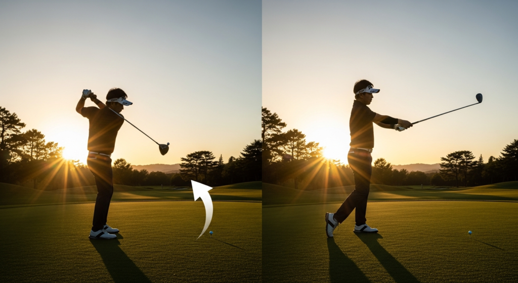 夕日を背にしたゴルフコースで、ゴルファーがドライバーショットを打つ前後のスイングの動きを並べた写真。