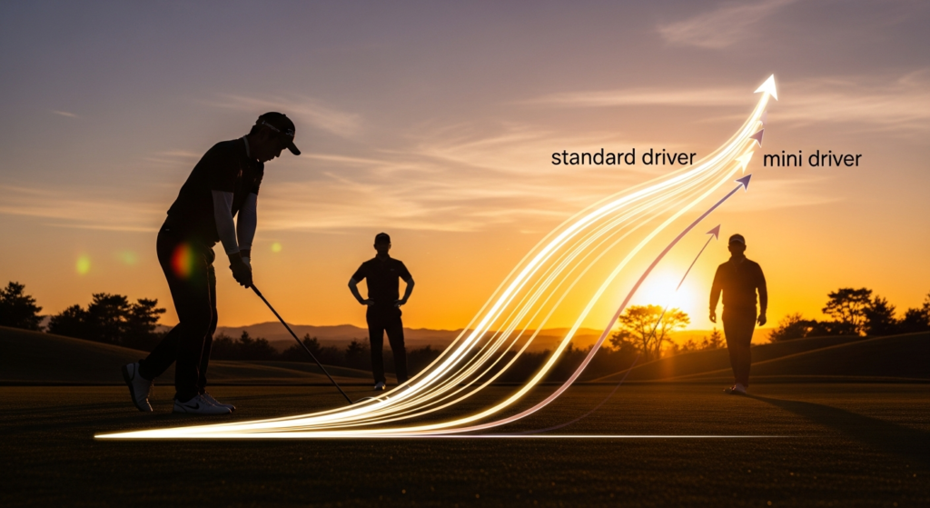 夕焼けのゴルフコースで、ゴルファーのシルエットが複数見え、スタンダードドライバーとミニドライバーそれぞれの弾道が異なる光の軌跡で比較されている。