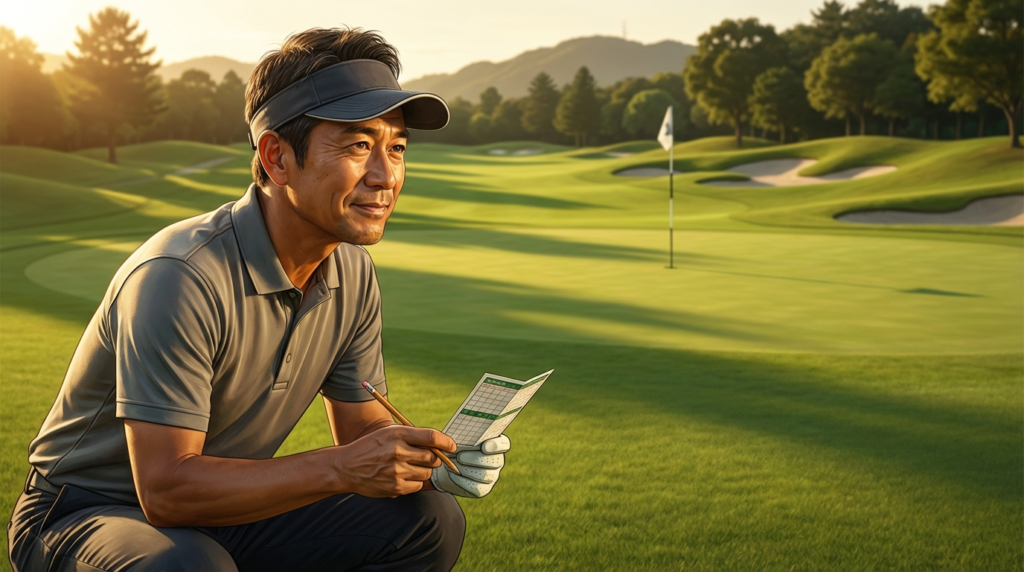 夕日の当たる美しいゴルフコースで、スコアカードを手に屈んでいるアジア人男性ゴルファー。