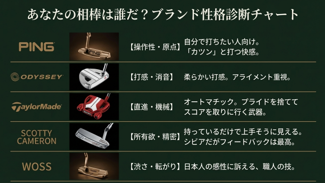 PING・オデッセイ・テーラーメイドなど主要パターブランドの特徴比較チャート