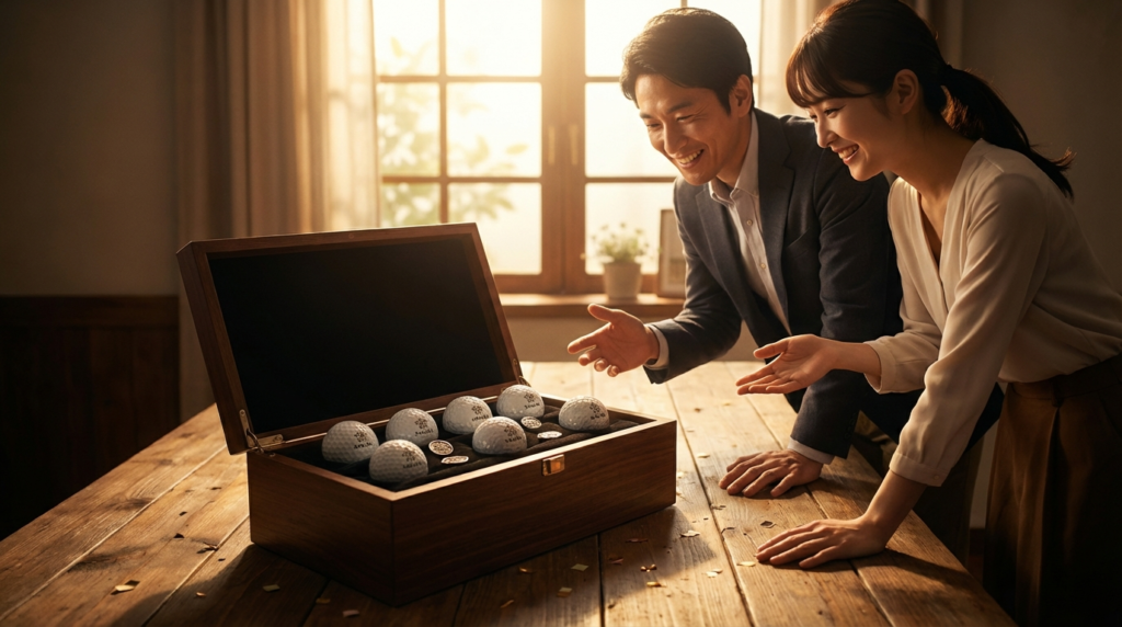 夕暮れのゴルフ練習場で、ゴルフボールを打ち土しぶきを上げている女性ゴルファーが写っています。