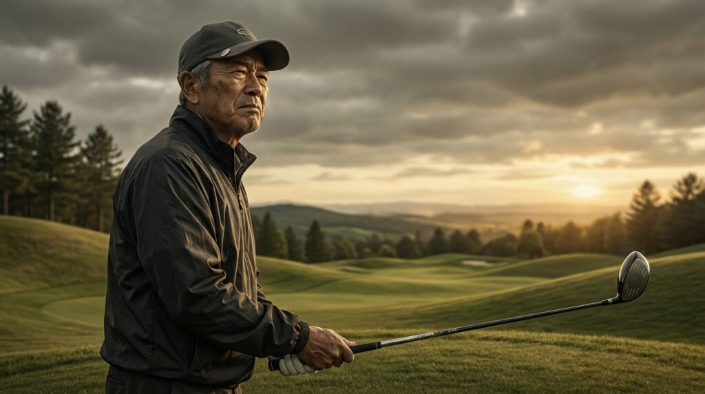 ゴルフコースでゴルフクラブを持つ年配の男性が、夕暮れの美しい景色を背景に、遠くを真剣な表情で見つめている。
