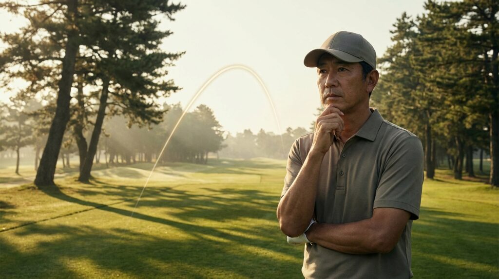 朝もやのかかるゴルフコースで、キャップをかぶり顎に手を当てて考え込んでいる男性が、ゴルフボールの弧を描く軌跡とともに写っています。