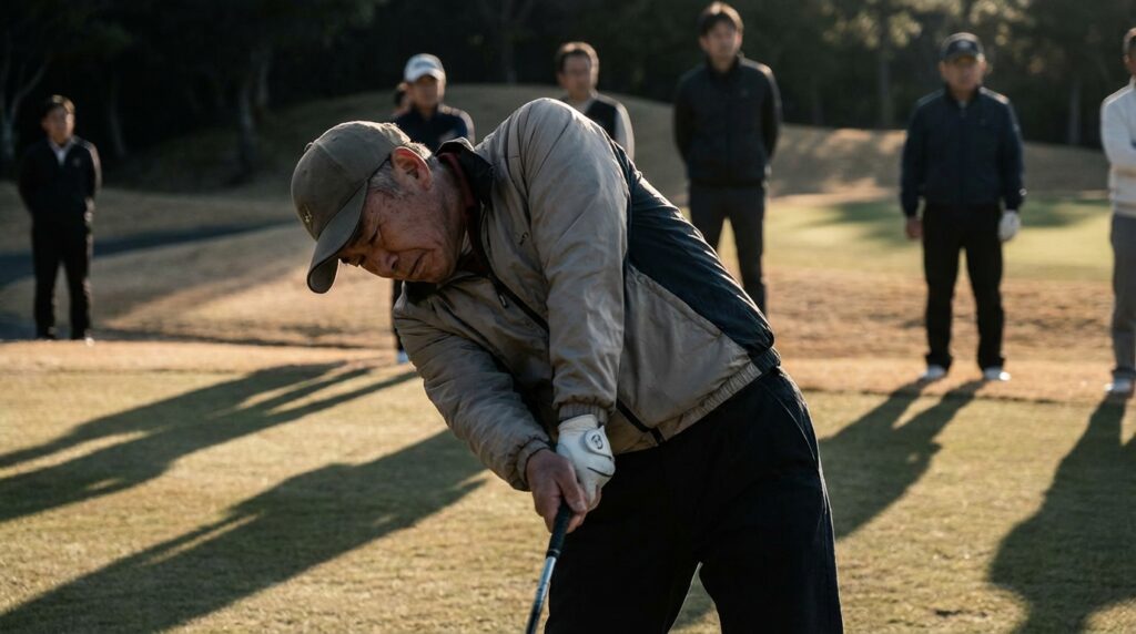 ゴルフコースで、キャップとグローブを着用した男性がゴルフスイングの途中で集中しており、後方には他のゴルファーと長い影が写っています。