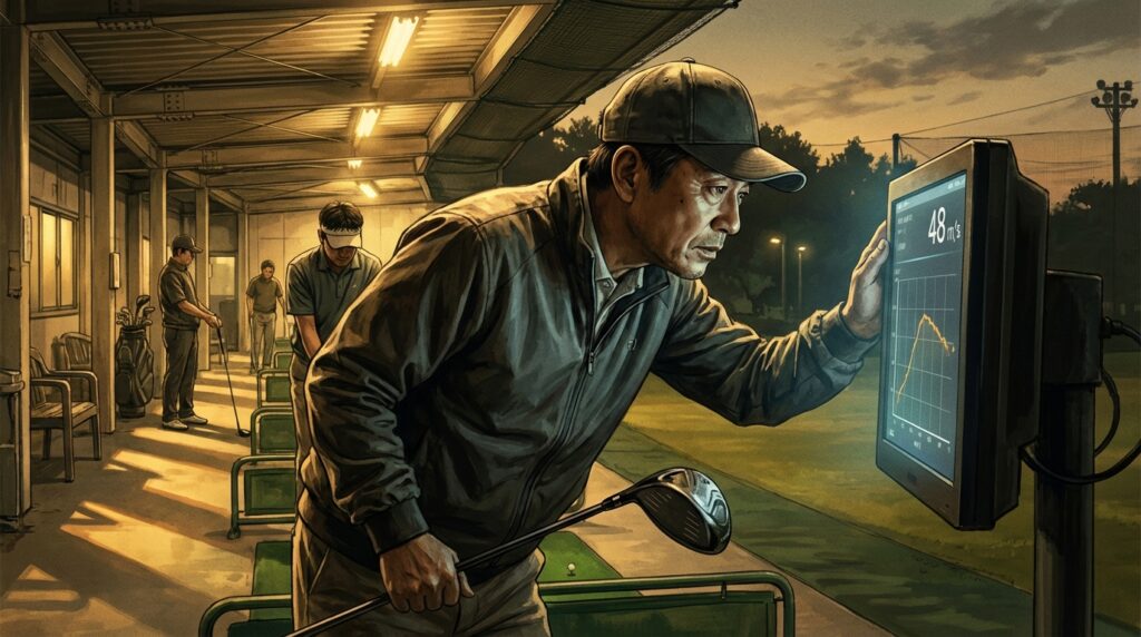 ゴルフ練習場で、男性がゴルフクラブを手に持ち、スイングデータが表示されたデジタルモニターを真剣な表情で見つめている。