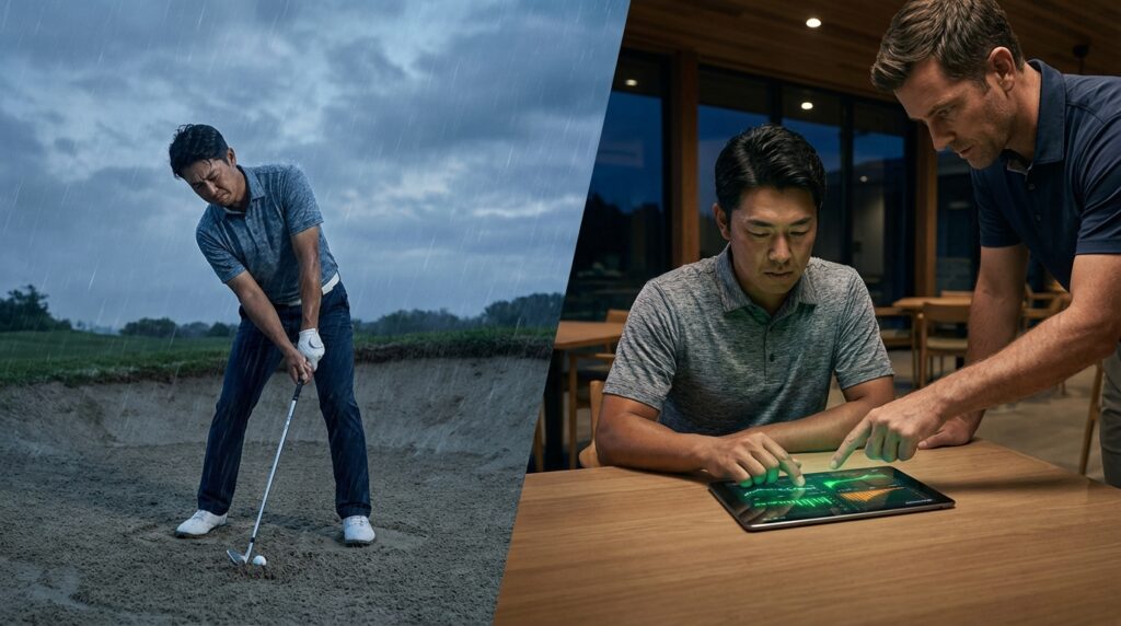 雨のゴルフコースのバンカーでショットを打つ男性と、屋内でタブレットのゴルフデータを別の男性と分析している同じ男性の様子。
