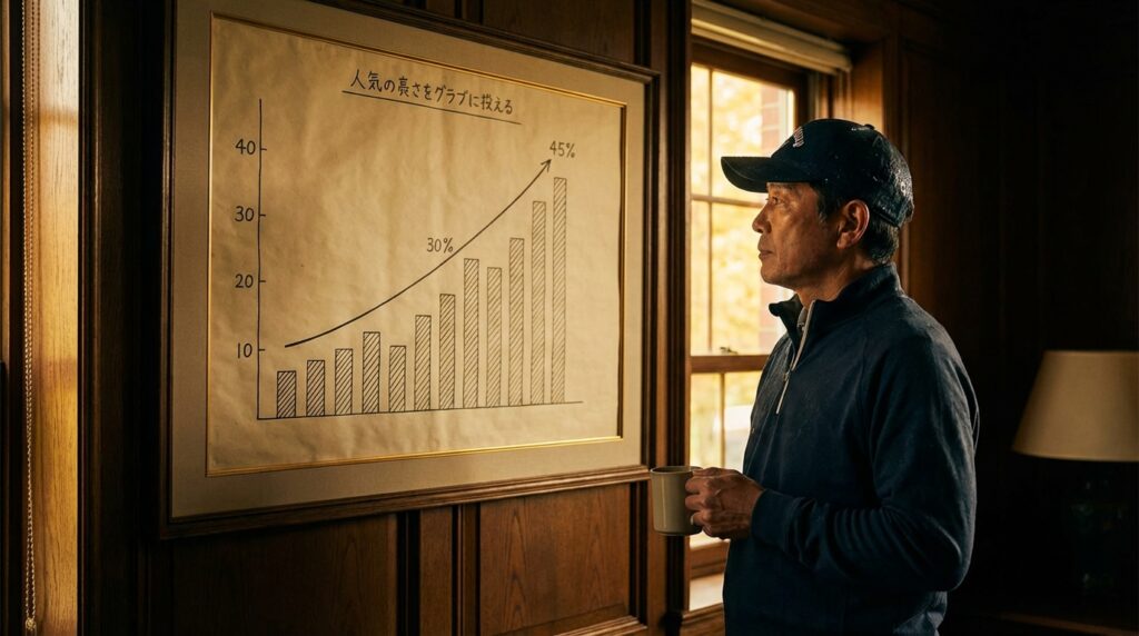 キャップをかぶった男性が、マグカップを手に人気度の上昇を示す日本語のグラフを見つめている。