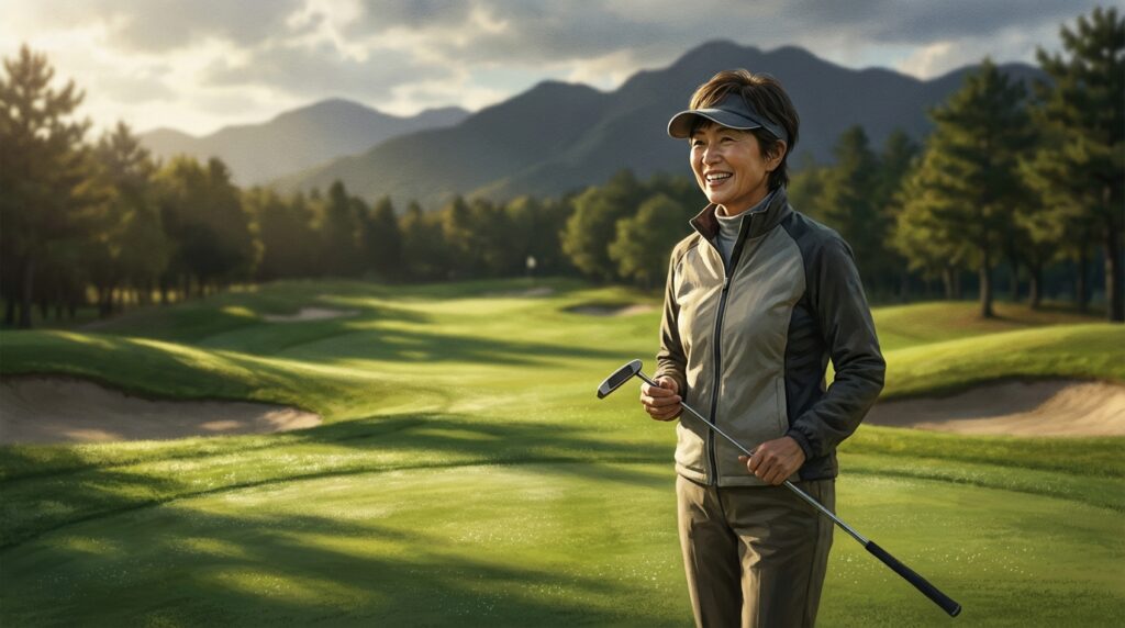 夕暮れのゴルフコースで、パターを手に笑顔で立つ中年の女性。