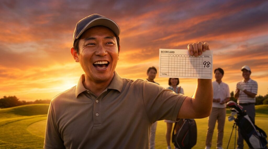 夕焼けのゴルフコースで、笑顔の男性がスコア「98」と書かれたゴルフのスコアカードを掲げ、喜びを表現しています。