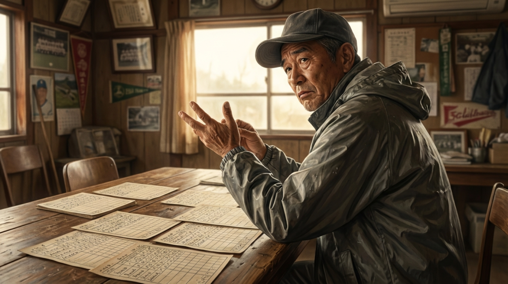 木造の部屋で、野球の記録用紙が広げられたテーブルに座る年配の男性が、真剣な表情で手を使って何かを説明しています。